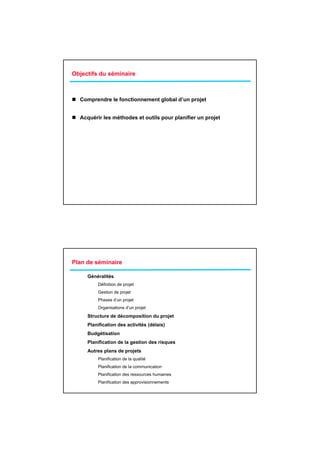 Objectifs du séminaire



  Comprendre le fonctionnement global d’un projet


  Acquérir les méthodes et outils pour planifier un projet




Plan de séminaire

     Généralités
         Définition de projet
         Gestion de projet
         Phases d’un projet
         Organisations d’un projet

     Structure de décomposition du projet
     Planification des activités (délais)
     Budgétisation
     Planification de la gestion des risques
     Autres plans de projets
         Planification de la qualité
         Planification de la communication
         Planification des ressources humaines
         Planification des approvisionnements
 