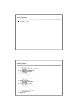 Etudes de cas

    Enoncés séparés




Bibliographie

    Le manager de projet : un leader
           Wendy BRINER - Michael GEDDES - Colin HASTINGS
           Editions AFNOR
    De la gestion de projet au management par projet
           Michel JOLY - Jean-Louis MULLER
           Editions AFNOR
    Le nouveau management de projet
           J. Davidson FRAME
           Editions AFNOR
    La stratégie du projet latéral
           Olivier d'HERBEMONT - Bruno CESAR
           Editions DUNOD
    Les équipes haute performance
           Jon KATZENBACH - Douglas SMITH
           Editions DUNOD
    Project management as if people mattered
           Robert J. GRAHAM
           Primavera Press
    Management Teams : Why they succeed or fail
           R. Meredith BELBIN
           Butterworth Heinemann
    PMBoK Project Management Body of Knowledge
           Project Management Institute
    Norme ISO 10006
 