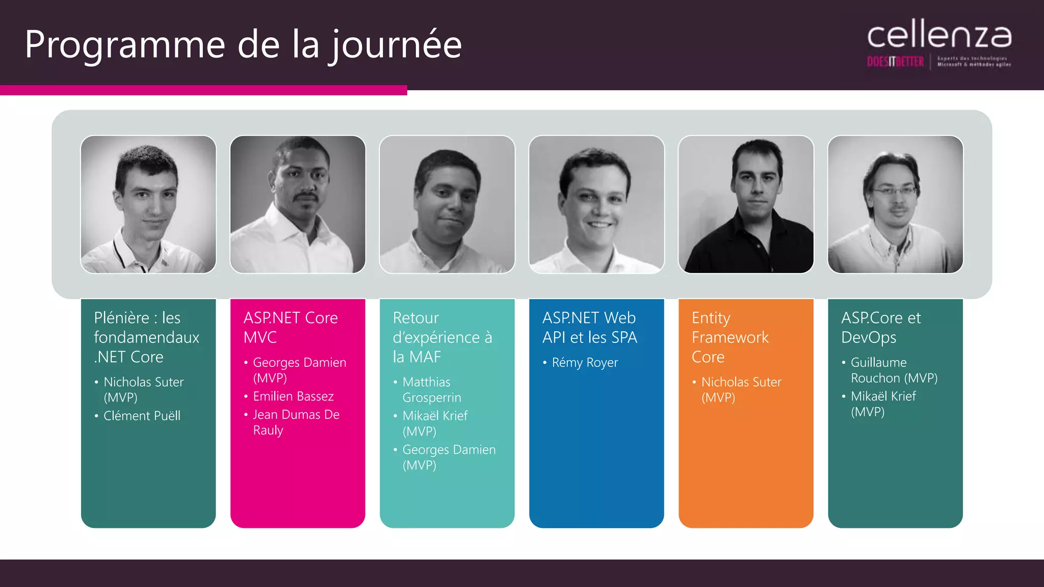 Programme de la journée
Plénière : les
fondamendaux
.NET Core
• Nicholas Suter
(MVP)
• Clément Puëll
ASP.NET Core
MVC
• Georges Damien
(MVP)
• Emilien Bassez
• Jean Dumas De
Rauly
Retour
d’expérience à
la MAF
• Matthias
Grosperrin
• Mikaël Krief
(MVP)
• Georges Damien
(MVP)
ASP.NET Web
API et les SPA
• Rémy Royer
Entity
Framework
Core
• Nicholas Suter
(MVP)
ASP.Core et
DevOps
• Guillaume
Rouchon (MVP)
• Mikaël Krief
(MVP)
 