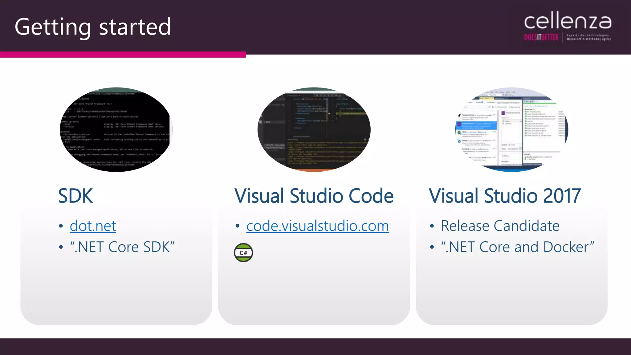 Getting started
SDK
• dot.net
• “.NET Core SDK”
Visual Studio Code
• code.visualstudio.com
Visual Studio 2017
• Release Candidate
• “.NET Core and Docker”
 