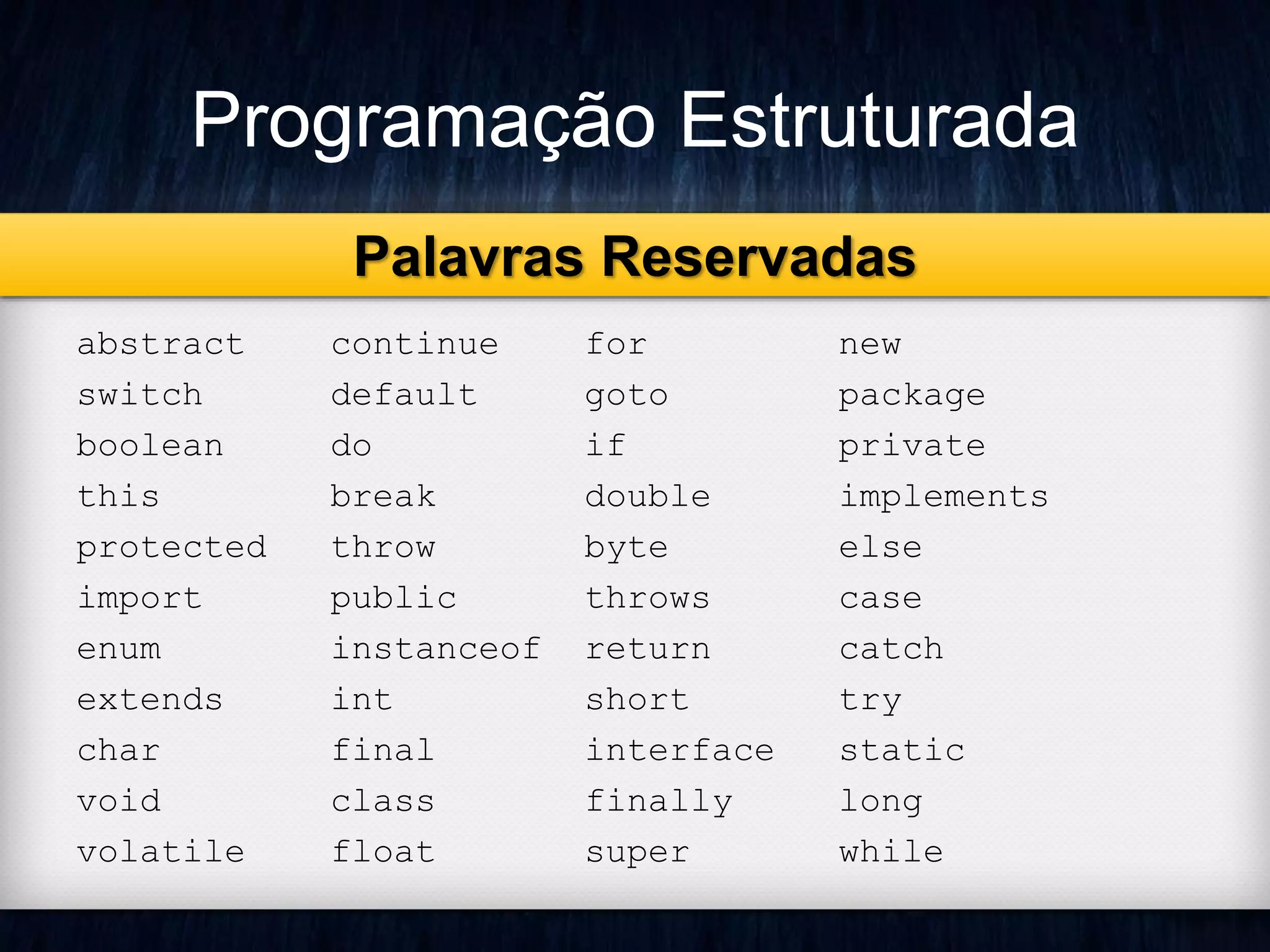 Programação Estruturada 
Palavras Reservadas 
abstract continue for new 
switch default goto package 
boolean do if private 
this break double implements 
protected throw byte else 
import public throws case 
enum instanceof return catch 
extends int short try 
char final interface static 
void class finally long 
volatile float super while 
 