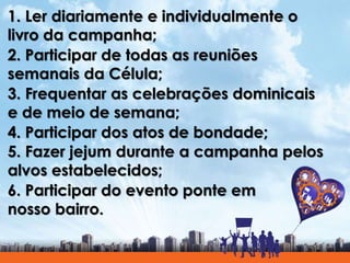 1. Ler diariamente e individualmente o
livro da campanha;
2. Participar de todas as reuniões
semanais da Célula;
3. Frequentar as celebrações dominicais
e de meio de semana;
4. Participar dos atos de bondade;
5. Fazer jejum durante a campanha pelos
alvos estabelecidos;
6. Participar do evento ponte em
nosso bairro.
 