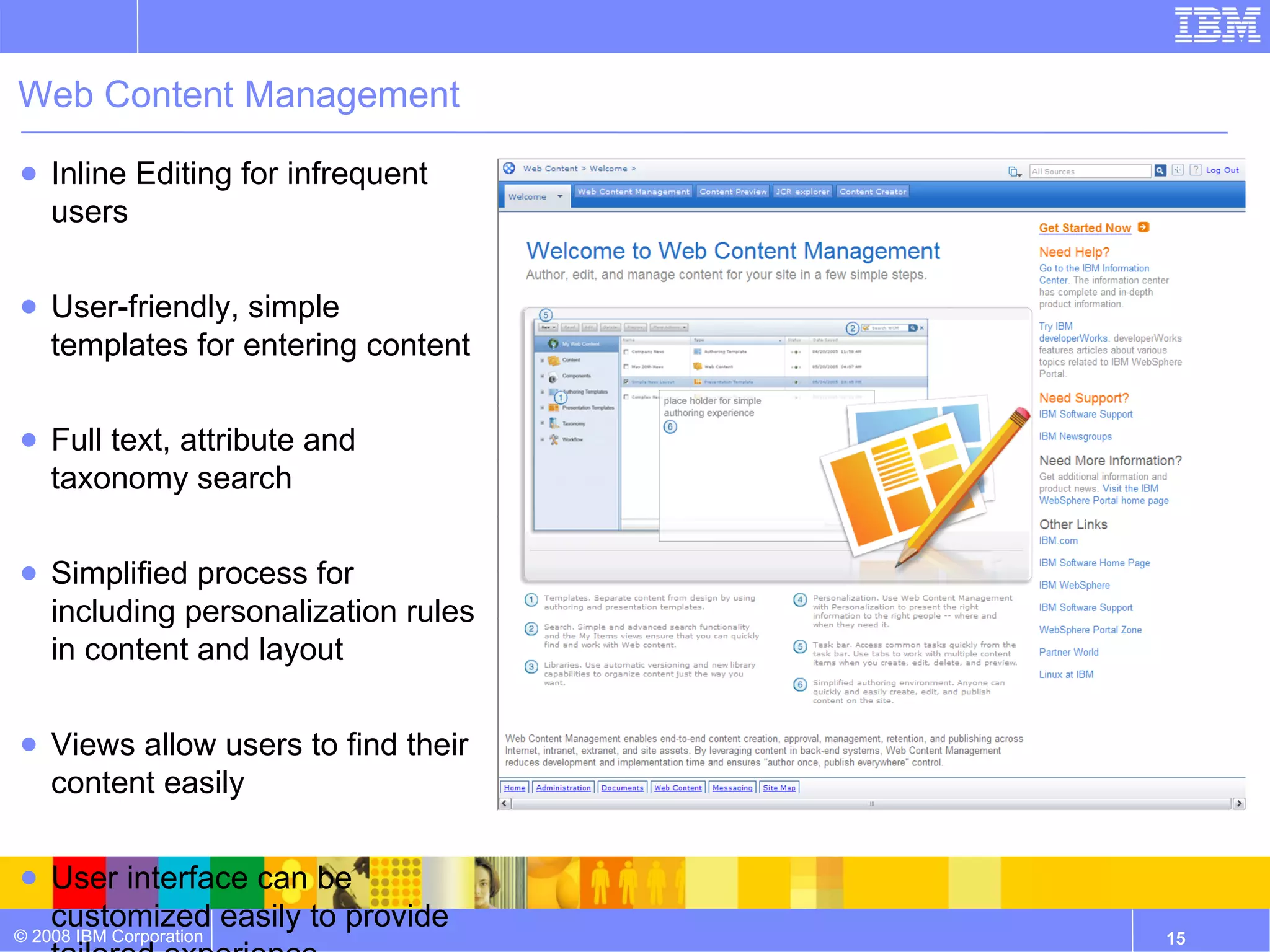 Web Content Management Inline Editing for infrequent users User-friendly, simple templates for entering content Full text, attribute and taxonomy search Simplified process for including personalization rules in content and layout Views allow users to find their content easily User interface can be customized easily to provide tailored experience Link Management and RSS Integration 