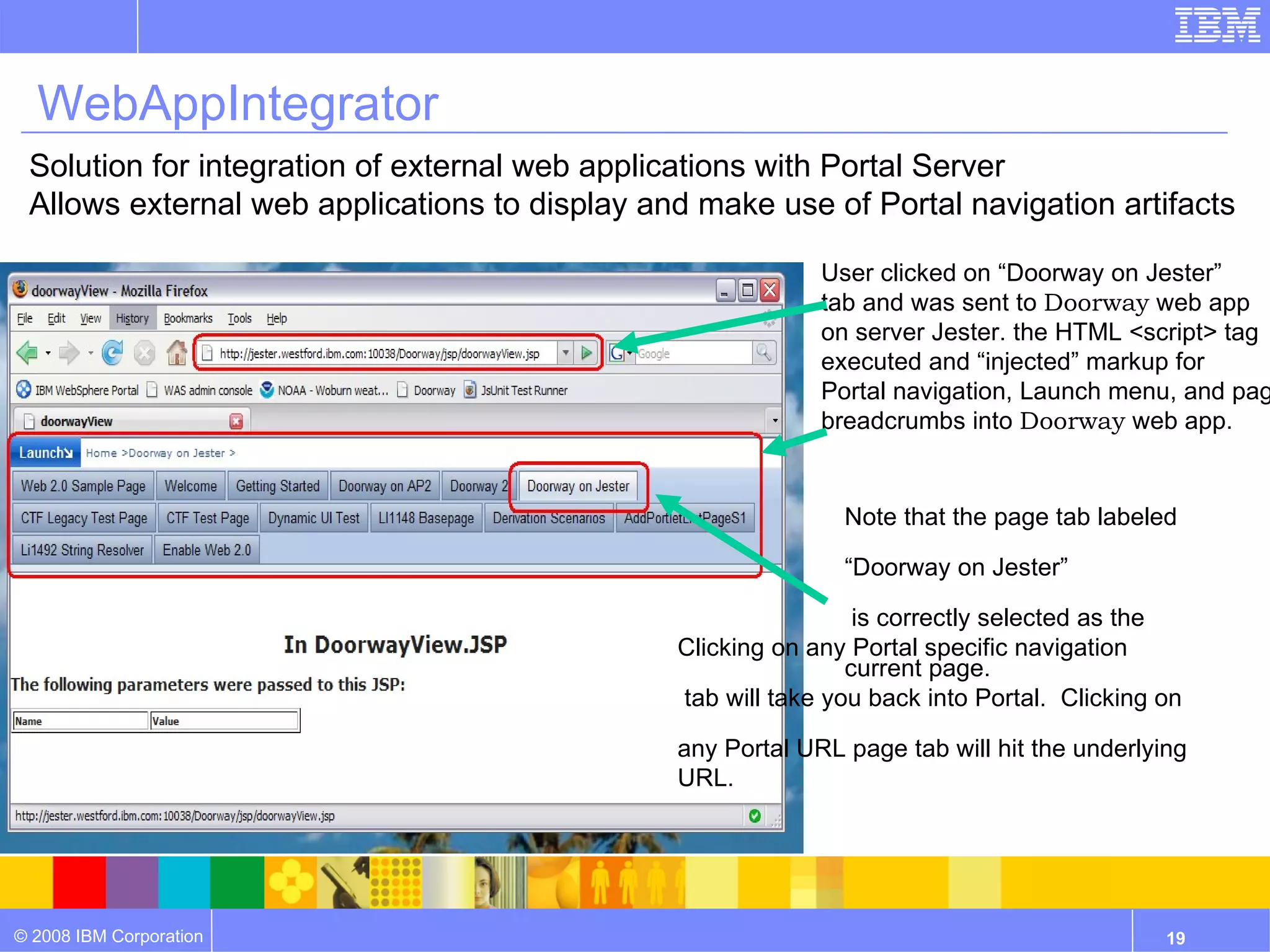 WebAppIntegrator User clicked on “Doorway on Jester”  tab and was sent to  Doorway  web app  on server Jester. the HTML <script> tag  executed and “injected” markup for  Portal navigation, Launch menu, and page  breadcrumbs into  Doorway  web app. Solution for integration of external web applications with Portal Server  Allows external web applications to display and make use of Portal navigation artifacts  Clicking on any Portal specific navigation tab will take you back into Portal.  Clicking on  any Portal URL page tab will hit the underlying URL. Note that the page tab labeled  “ Doorway on Jester” is correctly selected as the  current page. 