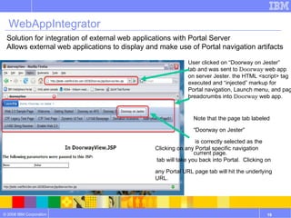 WebAppIntegrator User clicked on “Doorway on Jester”  tab and was sent to  Doorway  web app  on server Jester. the HTML <script> tag  executed and “injected” markup for  Portal navigation, Launch menu, and page  breadcrumbs into  Doorway  web app. Solution for integration of external web applications with Portal Server  Allows external web applications to display and make use of Portal navigation artifacts  Clicking on any Portal specific navigation tab will take you back into Portal.  Clicking on  any Portal URL page tab will hit the underlying URL. Note that the page tab labeled  “ Doorway on Jester” is correctly selected as the  current page. 