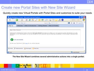 Create new Portal Sites with New Site Wizard The New Site Wizard combines several administrative actions into a single portlet: User enrollment Virtual Portal creation Portal content import Quickly create new Virtual Portals with Portal Sites and customize to suite your needs 