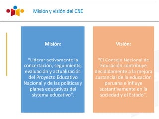 Misión y visión del CNE
Misión:
"Liderar activamente la
concertación, seguimiento,
evaluación y actualización
del Proyecto Educativo
Nacional y de las políticas y
planes educativos del
sistema educativo".
Visión:
"El Consejo Nacional de
Educación contribuye
decididamente a la mejora
sustancial de la educación
peruana e influye
sustantivamente en la
sociedad y el Estado".
 