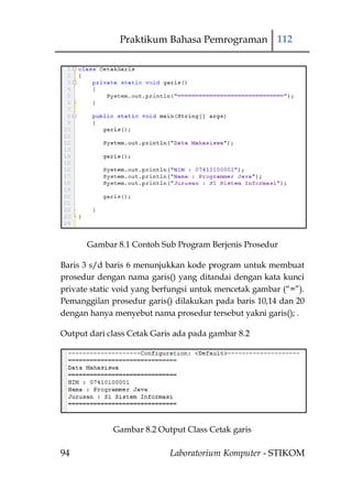 Praktikum Bahasa Pemrograman 112




      Gambar 8.1 Contoh Sub Program Berjenis Prosedur

Baris 3 s/d baris 6 menunjukkan kode program untuk membuat
prosedur dengan nama garis() yang ditandai dengan kata kunci
private static void yang berfungsi untuk mencetak gambar (“=”).
Pemanggilan prosedur garis() dilakukan pada baris 10,14 dan 20
dengan hanya menyebut nama prosedur tersebut yakni garis(); .

Output dari class Cetak Garis ada pada gambar 8.2




             Gambar 8.2 Output Class Cetak garis

94                          Laboratorium Komputer - STIKOM
 