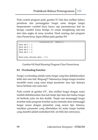Praktikum Bahasa Pemrograman 112


Pada contoh program pada gambar 8.7 kita bisa melihat bahwa
penulisan dan pemanggilan fungsi sama dengan fungsi
berparameter variabel biasa hanya saja parameternya kali ini
berupa variabel Array bertipe int untuk menghitung rata-rata
dari data angka di array tersebut. Hasil running dari program
class ParamArray dapat dilihat pada gambar 8.8




     Gambar 8.8 Hasil Running Program Class ParamArray

8.6 Overloading Function

Fungsi overloading adalah suatu fungsi yang bisa dideklarasikan
lebih dari satu kali. Bingung?? Sebenarnya fungsi-fungsi tersebut
memiliki nama yang sama tetapi parameter atau tipe datanya
harus berbeda satu sama lain.

Pada contoh di gambar 8.9 , kita melihat fungsi dengan nama
tambah dideklarasikan dua kali tetapi tipe data dari kedua fungsi
ini berbeda yaitu int dan double. Tetapi saat memanggil fungsi
tersebut maka program tersebut secara otomatis akan memanggil
fungsi sesuai dengan parameter yang sesuai tipe datanya,
misalkan parameter yang dibutuhkan int maka fungsi tambah
yang diambil adalah tambah(int bil1, int bil2) dan seterusnya.




99                           Laboratorium Komputer - STIKOM
 