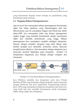 Praktikum Bahasa Pemrograman 112


yang berorientasi kepada mesin menuju ke pendekatan yang
berorientasi pada manusia.
1.2 Pengantar Bahasa Pemrograman Java

Apa itu Java? Java merupakan bahasa pemrograman berorientasi
objek dan bebas platform, yang dikembangkan oleh Sun
Microsystems saat ini merupakan bagian dari Oracle dan dirilis
tahun 1995. Java merupakan salah satu bahasa pemograman
tingkat tinggi yang memiliki karakteristik simple, berorientasi
objek dan memiliki performance yang tinggi. Bahasa
pemrograman Java merupakan compiler sekaligus interpreter,
dimana sebagai compiler, program yang telah dibuat akan
diubah menjadi java bytecodes (extension [nama file].class
menjadi [nama file].java ) dan kemudian sebagai interpreter java
bytecodes tersebut dijalankan pada komputer. Gambar 1.2
menjelaskan bagaimana java bekerja sebagai compiler dan
interpreter




       Gambar 1.2 Cara Kerja Bahasa PemrogramanJava
Java Platform memiliki dua komponen yaitu Java Virtual
Machine (JVM) yang berfungsi sebagai jembatan antara bytecode
dengan hardware dan Java Application Programming Inteface
(Java API) yang merupakan komponen-komponen dan kelas java
yang telah jadi dan memiliki kemampuan untuk menangani
objek, string, angka dan sebagainya.



4                           Laboratorium Komputer - STIKOM
 