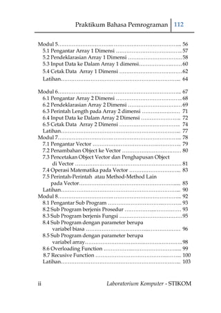 Praktikum Bahasa Pemrograman 112


Modul 5………………………….. ………………………………... 56
 5.1 Pengantar Array 1 Dimensi ……………………………….. 57
 5.2 Pendeklarasian Array 1 Dimensi …………………………. 58
 5.3 Input Data ke Dalam Array 1 dimensi……………….…… 60
 5.4 Cetak Data Array 1 Dimensi ……………………………… 62
 Latihan…………………………………………………………... 64

Modul 6………………………….. ………………………………... 67
 6.1 Pengantar Array 2 Dimensi ……………………………….. 68
 6.2 Pendeklarasian Array 2 Dimensi ……………………….… 69
 6.3 Perintah Length pada Array 2 dimensi ……………….… 71
 6.4 Input Data ke Dalam Array 2 Dimensi ………………….. 72
 6.5 Cetak Data Array 2 Dimensi …………………………….. 74
 Latihan…………………………………………………………... 77
Modul 7………………………….. ………………………………... 78
 7.1 Pengantar Vector ……………………………….………….. 79
 7.2 Penambahan Object ke Vector ……………………….…… 80
 7.3 Pencetakan Object Vector dan Penghapusan Object
      di Vector …………….……………………………………… 81
 7.4 Operasi Matematika pada Vector ………………………... 83
 7.5 Perintah-Perintah atau Method-Method Lain
     pada Vector………………………………………………..... 85
 Latihan…………………………………………………………... 90
Modul 8………………………….. ………………………………... 92
 8.1 Pengantar Sub Program …………………………..……….. 93
 8.2 Sub Program berjenis Prosedur ……………...…………… 93
 8.3 Sub Program berjenis Fungsi ……………………………… 95
 8.4 Sub Program dengan parameter berupa
      variabel biasa …………….………………...……………… 96
 8.5 Sub Program dengan parameter berupa
      variabel array…………………………….…………………. 98
 8.6 Overloading Function ……………..……………………..... 99
 8.7 Recusive Function …………………………………..……... 100
 Latihan…………………………………………………………... 103



ii                     Laboratorium Komputer - STIKOM
 