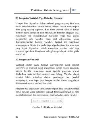 Praktikum Bahasa Pemrograman 112

2.1 Pengantar Variabel, Tipe Data dan Operator

Hampir bisa dipastikan bahwa sebuah program yang kita buat
selalu membutuhkan proses lokasi memori untuk menyimpan
data yang sedang diproses. Kita tidak pernah tahu di lokasi
memori mana komputer akan meletakkan data dari program kita.
Kenyataan ini menimbulkan kesulitan bagi kita untuk
mengambil data tersebut pada saat dibutuhkan. Maka
dikembangkanlah konsep variabel. Berikut ini penjelasan
selengkapnya. Selain itu perlu juga diperhatikan tipe data apa
yang tepat digunakan untuk menerima inputan data juga
konversi tipe data. Penjelasan selengkapnya dapat dilihat pada
modul ini.

2.2 Pengertian Variabel

Variabel adalah suatu tempat penyimpanan yang bersifat
temporary di memori yang digunakan dalam suatu program,
karena bersifat sementara maka apabila program selesai
dijalankan maka isi dari variabel akan hilang. Variabel dapat
bersifat lokal, misalkan dalam perulangan for (modul
selanjutnya), atau dapat juga berupa variabel instan yang dapat
diakses oleh semua method dan class.

Sebelum bisa digunakan untuk menyimpan data, sebuah variabel
harus melalui tahap deklarasi. Berikut dalam gambar 2.1 ini cara
mendeklarasikan dan memberikan nilai terhadap suatu variabel :




                 Gambar 2.1 Deklarasi Variabel



22                          Laboratorium Komputer - STIKOM
 
