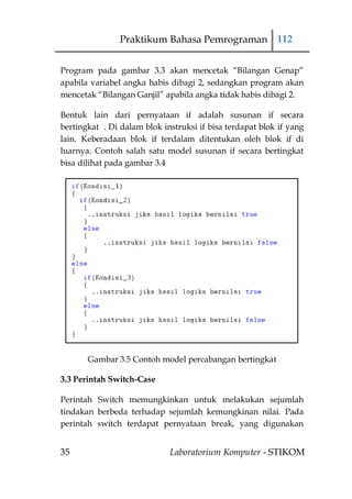 Praktikum Bahasa Pemrograman 112


Program pada gambar 3.3 akan mencetak “Bilangan Genap”
apabila variabel angka habis dibagi 2, sedangkan program akan
mencetak “Bilangan Ganjil” apabila angka tidak habis dibagi 2.

Bentuk lain dari pernyataan if adalah susunan if secara
bertingkat . Di dalam blok instruksi if bisa terdapat blok if yang
lain. Keberadaan blok if terdalam ditentukan oleh blok if di
luarnya. Contoh salah satu model susunan if secara bertingkat
bisa dilihat pada gambar 3.4




       Gambar 3.5 Contoh model percabangan bertingkat

3.3 Perintah Switch-Case

Perintah Switch memungkinkan untuk melakukan sejumlah
tindakan berbeda terhadap sejumlah kemungkinan nilai. Pada
perintah switch terdapat pernyataan break, yang digunakan


35                           Laboratorium Komputer - STIKOM
 
