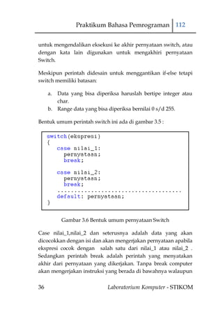 Praktikum Bahasa Pemrograman 112


untuk mengendalikan eksekusi ke akhir pernyataan switch, atau
dengan kata lain digunakan untuk mengakhiri pernyataan
Switch.

Meskipun perintah didesain untuk menggantikan if-else tetapi
switch memiliki batasan:

     a. Data yang bisa diperiksa haruslah bertipe integer atau
        char.
     b. Range data yang bisa diperiksa bernilai 0 s/d 255.

Bentuk umum perintah switch ini ada di gambar 3.5 :




          Gambar 3.6 Bentuk umum pernyataan Switch

Case nilai_1,nilai_2 dan seterusnya adalah data yang akan
dicocokkan dengan isi dan akan mengerjakan pernyataan apabila
ekspresi cocok dengan salah satu dari nilai_1 atau nilai_2 .
Sedangkan perintah break adalah perintah yang menyatakan
akhir dari pernyataan yang dikerjakan. Tanpa break computer
akan mengerjakan instruksi yang berada di bawahnya walaupun


36                          Laboratorium Komputer - STIKOM
 