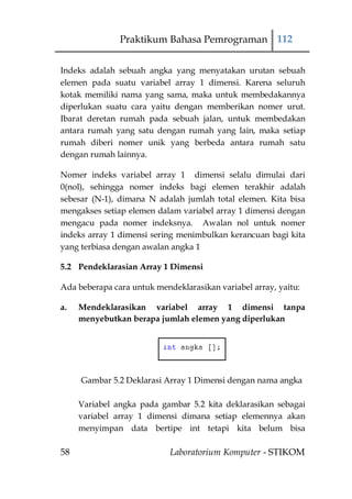 Praktikum Bahasa Pemrograman 112


Indeks adalah sebuah angka yang menyatakan urutan sebuah
elemen pada suatu variabel array 1 dimensi. Karena seluruh
kotak memiliki nama yang sama, maka untuk membedakannya
diperlukan suatu cara yaitu dengan memberikan nomer urut.
Ibarat deretan rumah pada sebuah jalan, untuk membedakan
antara rumah yang satu dengan rumah yang lain, maka setiap
rumah diberi nomer unik yang berbeda antara rumah satu
dengan rumah lainnya.

Nomer indeks variabel array 1 dimensi selalu dimulai dari
0(nol), sehingga nomer indeks bagi elemen terakhir adalah
sebesar (N-1), dimana N adalah jumlah total elemen. Kita bisa
mengakses setiap elemen dalam variabel array 1 dimensi dengan
mengacu pada nomer indeksnya. Awalan nol untuk nomer
indeks array 1 dimensi sering menimbulkan kerancuan bagi kita
yang terbiasa dengan awalan angka 1

5.2 Pendeklarasian Array 1 Dimensi

Ada beberapa cara untuk mendeklarasikan variabel array, yaitu:

a.   Mendeklarasikan variabel array 1 dimensi tanpa
     menyebutkan berapa jumlah elemen yang diperlukan




     Gambar 5.2 Deklarasi Array 1 Dimensi dengan nama angka

     Variabel angka pada gambar 5.2 kita deklarasikan sebagai
     variabel array 1 dimensi dimana setiap elemennya akan
     menyimpan data bertipe int tetapi kita belum bisa

58                          Laboratorium Komputer - STIKOM
 