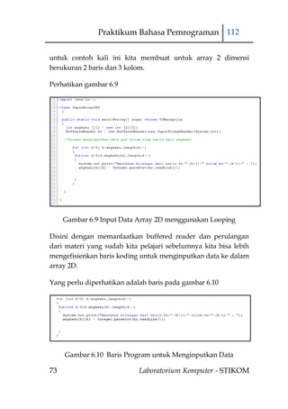 Praktikum Bahasa Pemrograman 112


untuk contoh kali ini kita membuat untuk array 2 dimensi
berukuran 2 baris dan 3 kolom.

Perhatikan gambar 6.9




     Gambar 6.9 Input Data Array 2D menggunakan Looping

Disini dengan memanfaatkan buffered reader dan perulangan
dari materi yang sudah kita pelajari sebelumnya kita bisa lebih
mengefisienkan baris koding untuk menginputkan data ke dalam
array 2D.

Yang perlu diperhatikan adalah baris pada gambar 6.10




     Gambar 6.10 Baris Program untuk Menginputkan Data

73                          Laboratorium Komputer - STIKOM
 