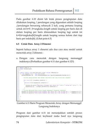 Praktikum Bahasa Pemrograman 112


Pada gambar 6.10 disini lah letak proses penginputan data
dilakukan looping / perulangan yang digunakan adalah looping
/perulangan bersarang sebanyak 2 kali, yang pertama looping
untuk int b=0 ; b<angkaku.length untuk looping per baris dan di
dalam looping per baris dimasukkan looping lagi untuk int
k=0;k<angkaku[b].length untuk looping semua kolom dari tiap
baris per indeks[b]. (Lihat poin 6.3)

6.5 Cetak Data Array 2 Dimensi

Seperti halnya array 1 dimensi ada dua cara atau model untuk
mencetak array 2 dimensi :

a. Dengan cara mencetak dengan langsung memanggil
   indeksnya (Perhatikan gambar 6.11 dan gambar 6.12!!)




Gambar 6.11 Baris Program Mencetak Array dengan Memanggil
                     Langsung Indeksnya

Program dari gambar 6.11 ini menunjukkan setelah proses
penginputan data dari keyboard maka hasil nya langsung

74                          Laboratorium Komputer - STIKOM
 
