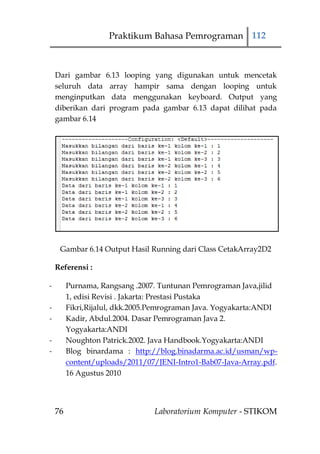 Praktikum Bahasa Pemrograman 112



    Dari gambar 6.13 looping yang digunakan untuk mencetak
    seluruh data array hampir sama dengan looping untuk
    menginputkan data menggunakan keyboard. Output yang
    diberikan dari program pada gambar 6.13 dapat dilihat pada
    gambar 6.14




     Gambar 6.14 Output Hasil Running dari Class CetakArray2D2

    Referensi :

-        Purnama, Rangsang .2007. Tuntunan Pemrograman Java,jilid
         1, edisi Revisi . Jakarta: Prestasi Pustaka
-        Fikri,Rijalul, dkk.2005.Pemrograman Java. Yogyakarta:ANDI
-        Kadir, Abdul.2004. Dasar Pemrograman Java 2.
         Yogyakarta:ANDI
-        Noughton Patrick.2002. Java Handbook.Yogyakarta:ANDI
-        Blog binardama : http://blog.binadarma.ac.id/usman/wp-
         content/uploads/2011/07/JENI-Intro1-Bab07-Java-Array.pdf.
         16 Agustus 2010




    76                          Laboratorium Komputer - STIKOM
 