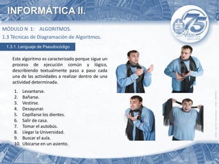 INFORMÁTICA II.
MÓDULO N 1: ALGORITMOS.
1.3 Técnicas de Diagramación de Algoritmos.
 1.3.1. Lenguaje de Pseudocódigo

    Este algoritmo es caracterizado porque sigue un
    proceso de ejecución común y lógico,
    describiendo textualmente paso a paso cada
    una de las actividades a realizar dentro de una
    actividad determinada.
     1.    Levantarse.
     2.    Bañarse.
     3.    Vestirse.
     4.    Desayunar.
     5.    Cepillarse los dientes.
     6.    Salir de casa.
     7.    Tomar el autobús.
     8.    Llegar la Universidad.
     9.    Buscar el aula.
     10.   Ubicarse en un asiento.
 