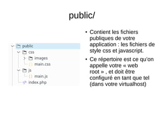 public/
● Contient les fichiers
publiques de votre
application : les fichiers de
style css et javascript.
● Ce répertoire est ce qu’on
appelle votre « web
root » , et doit être
configuré en tant que tel
(dans votre virtualhost)
 