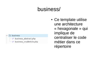 business/
● Ce template utilise
une architecture
« hexagonale » qui
implique de
centraliser le code
métier dans ce
répertoire
 