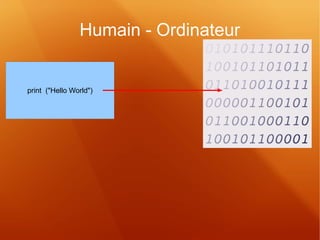 Humain - Ordinateur 
print ("Hello World") 
 
