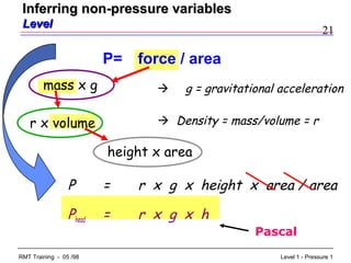 21
Level 1 - Pressure 1RMT Training - 05 /98
P = r x g x height x area / area
mass x g
r x volume  Density = mass/volume = r
P= force / area
 g = gravitational acceleration
height x area
Phead = r x g x h
Pascal
Inferring non-pressure variablesInferring non-pressure variables
LevelLevel
 