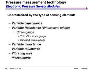 37
Level 1 - Pressure 1RMT Training - 05 /98
Characterized by the type of sensing element:
– Variable capacitance
– Variable Resistance (Wheatstone bridge)
• Strain gauge
» Thin -film strain gauge
» Diffused, strain gauge
– Variable inductance
– Variable reluctance
– Vibrating wire
– Piezoelectric
Pressure measurement technologyPressure measurement technology
Electronic Pressure Sensor ModulesElectronic Pressure Sensor Modules
 
