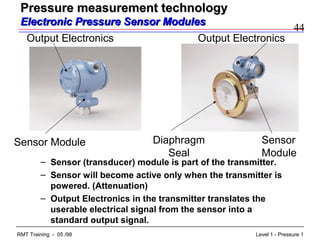 44
Level 1 - Pressure 1RMT Training - 05 /98
– Sensor (transducer) module is part of the transmitter.
– Sensor will become active only when the transmitter is
powered. (Attenuation)
– Output Electronics in the transmitter translates the
userable electrical signal from the sensor into a
standard output signal.
Output Electronics
Sensor Module
Output Electronics
Sensor
Module
Diaphragm
Seal
Pressure measurement technologyPressure measurement technology
Electronic Pressure Sensor ModulesElectronic Pressure Sensor Modules
 