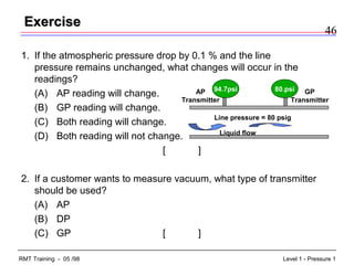46
Level 1 - Pressure 1RMT Training - 05 /98
ExerciseExercise
1. If the atmospheric pressure drop by 0.1 % and the line
pressure remains unchanged, what changes will occur in the
readings?
(A) AP reading will change.
(B) GP reading will change.
(C) Both reading will change.
(D) Both reading will not change.
[ ]
2. If a customer wants to measure vacuum, what type of transmitter
should be used?
(A) AP
(B) DP
(C) GP [ ]
Liquid flow
Line pressure = 80 psig
94.7psi 80.psi GP
Transmitter
AP
Transmitter
 