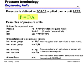 7
Level 1 - Pressure 1RMT Training - 05 /98
Pressure terminologyPressure terminology
Engineering UnitsEngineering Units
Pressure is defined as FORCE applied over a unit AREA.
P = F/A
Examples of pressure units:
Units of force per unit area
Pascals Pa N / m2
(Newtons / square metre)
psi lbs/in2
(Pounds / square inch)
Bar Bar = 100,000 Pa
Units referenced to columns of liquids
ins. water gauge in H2O
mm water gauge mm H2O
ins. mercury in Hg
mm mercury mm Hg
Atmosphere atm
Pressure applied by a 1 inch column of mercury with
a density of 13.5951 g/cm³.
Pressure exerted by the earth’s atmosphere at sea level
(approximately 14.6959psi)
Pressure applied by a 1 inch column of water at 20°C.
 