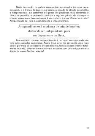 55
Leitura Bíblica
Leia, ore e medite nos seguintes textos:
•	 Mc 8.34-36; Lc  9.23-25; 14.26-33; Mt 10.37-39.
Auxilio a meditação
Durante a sua meditação ore e procure responder as questões abaixo,
anotando as respostas e dúvidas em seu caderno.
•	 Quais são as condições para alguém que decide tornar-se um dis-
cípulo?
•	 Nos textos acima, Jesus fala basicamente de 4 coisas que são
necessárias no verdadeiro arrependimento. Quais são elas?
•	 O que significam as expressões: negar a si mesmo, tomar a cruz,
perder a vida e renunciar a tudo?
•	 Qual a diferença entre uma pessoa religiosa e um verdadeiro discí-
pulo?
Memorização
Memorize a frase, o texto bíblico e a referência abaixo.
O que é necessário para
mudar de atitude?
Assim, pois, todo aquele que dentre vós
não renuncia a tudo quanto tem não
pode ser meu discípulo.Lc 14.33.
Negar a si mesmo, tomar
a cruz, perder a vida e
renunciar a tudo
Lição 12
Buscando Revelação
O Arrependimento (2a
parte)
 
