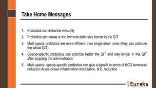 Take Home Messages
1. Probiotics can enhance immunity
2. Probiotics can create a non immune defensive barrier in the GIT
3. Multi-specie probiotics are more efficient than single-strain ones (they can colonize
the whole GIT)
4. Specie-specific probiotics can colonize better the GIT and stay longer in the GIT
after stopping the administration
5. Multi-specie, specie-specific probiotics can give a benefit in terms of BCO lameness
reduction Acute-phase inflammation modulation, N.E. reduction
 