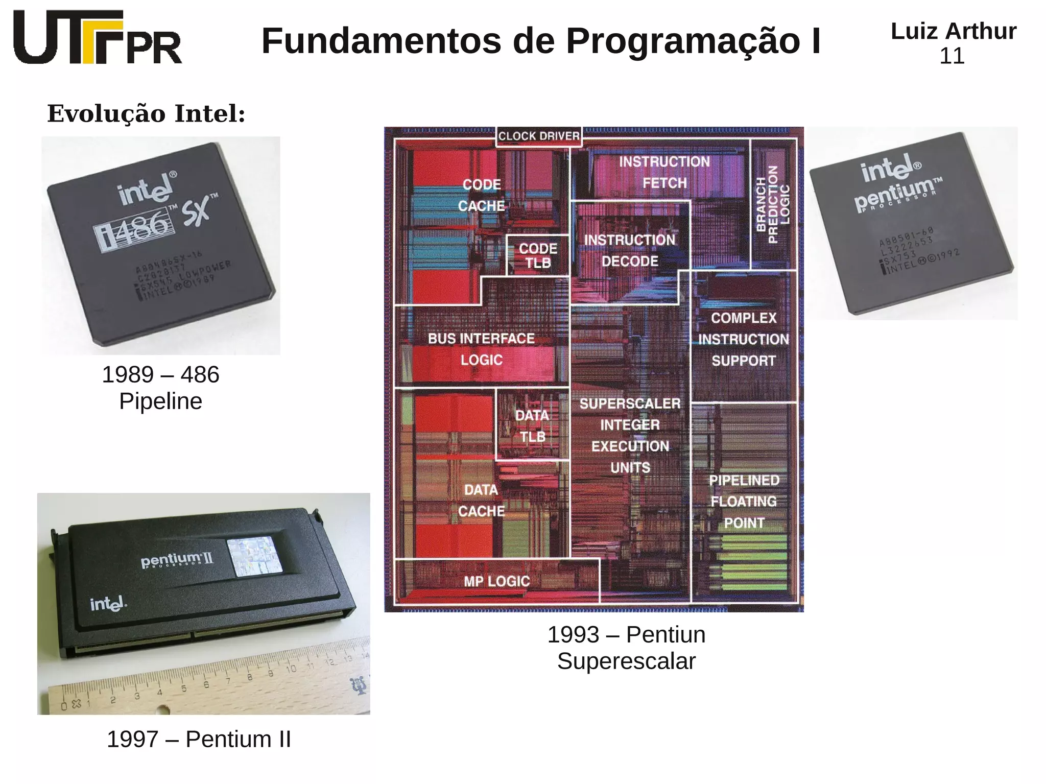 Luiz Arthur
                  Fundamentos de Programação I       11

Evolução Intel:




    1989 – 486
     Pipeline




                                1993 – Pentiun
                                 Superescalar


    1997 – Pentium II
 
