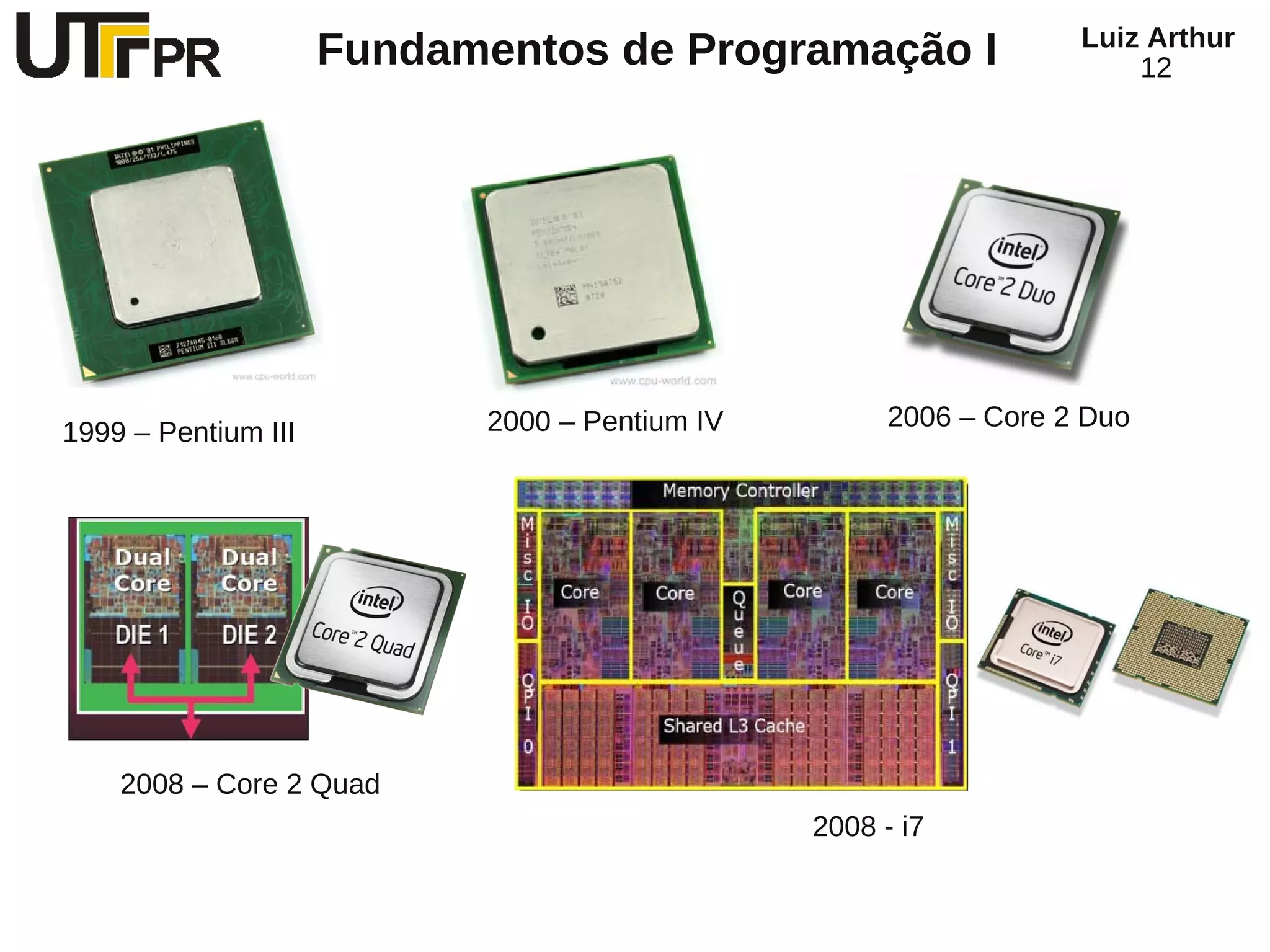 Luiz Arthur
                     Fundamentos de Programação I                      12




                            2000 – Pentium IV         2006 – Core 2 Duo
1999 – Pentium III




    2008 – Core 2 Quad
                                                2008 - i7
 