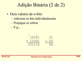 Adição Binária (2 de 2)
• Dois valores de n-bits
– Adicione os bits individualmente
– Propague as sobras
– E.g.,
1

1

10101
+ 11001
101110

MAB 124

21
+ 25
46

Sistemas de Numeração

PRC

 