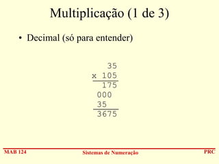 Multiplicação (1 de 3)
• Decimal (só para entender)
35
x 105
175
000
35
3675

MAB 124

Sistemas de Numeração

PRC

 