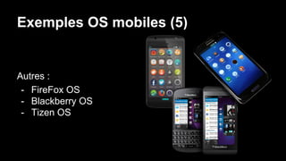 Exemples OS mobiles (5)
Autres :
- FireFox OS
- Blackberry OS
- Tizen OS
 