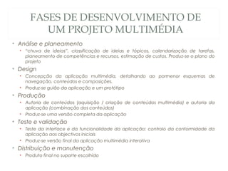 FASES DE DESENVOLVIMENTO DE
UM PROJETO MULTIMÉDIA
• Análise e planeamento
• “chuva de ideias”, classificação de ideias e tópicos, calendarização de tarefas,
planeamento de competências e recursos, estimação de custos. Produz-se o plano do
projeto
• Design
• Concepção da aplicação multimédia, detalhando ao pormenor esquemas de
navegação, conteúdos e composições.
• Produz-se guião da aplicação e um protótipo
• Produção
• Autoria de conteúdos (aquisição / criação de conteúdos multimédia) e autoria da
aplicação (combinação dos conteúdos)
• Produz-se uma versão completa da aplicação
• Teste e validação
• Teste da interface e da funcionalidade da aplicação; controlo da conformidade da
aplicação aos objectivos iniciais
• Produz-se versão final da aplicação multimédia interativa
• Distribuição e manutenção
• Produto final no suporte escolhido
5
 