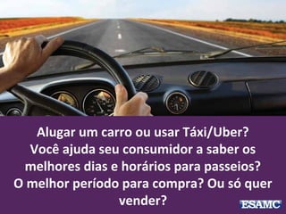Alugar um carro ou usar Táxi/Uber?
Você ajuda seu consumidor a saber os
melhores dias e horários para passeios?
O melhor período para compra? Ou só quer
vender?
 