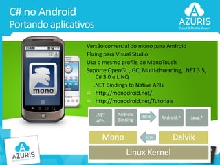 C# no Android
Portando aplicativos
Versão comercial do mono para Android
Pluing para Visual Studio
Usa o mesmo profile do MonoTouch
Suporte OpenGL , GC, Multi-threading, .NET 3.5,
C# 3.0 e LINQ
.NET Bindings to Native APIs
http://monodroid.net/
http://monodroid.net/Tutorials

36

 