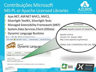 Contribuições Microsoft
MS-PL or Apache Licensed Libraries
Ajax.NET, ASP.NET MVC1, MVC2,
Silverligth ToolKit, Silverligth Tests
Managed Extensibility Framework (MEF)
System.Data.Services.Client (OData)
Dynamic Language Runtime

9

 
