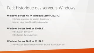 Petit historique des serveurs Windows
Windows Server NT  Windows Server 2003R2
• Interface graphique de gestion des serveurs
• Mise en place des rôles et fonctionnalités
Windows Server 2008 et 2008R2
• Introduction d’Hyper-V
• Introduction du serveur Core
Windows Server 2012 et 2012R2
• Introduction de l’interface minimale en plus du serveur Core
 