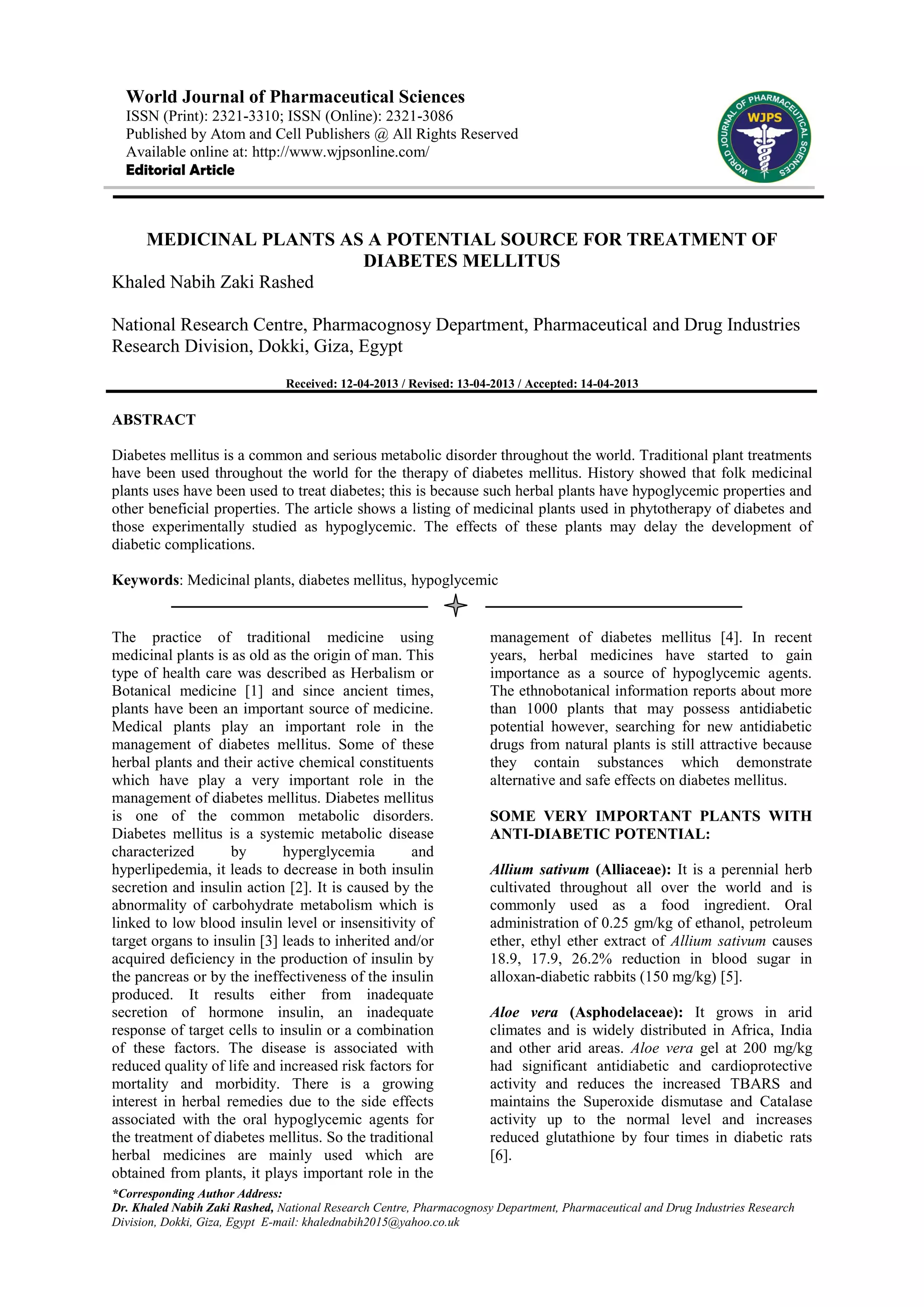 MEDICINAL PLANTS AS A POTENTIAL SOURCE FOR TREATMENT OF DIABETES ...