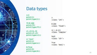 25
Data types
i=3
print(i)
print(type(i))
fl=0.666
print(fl)
print(type(fl))
c1,c2=1j,2j
print(c1,c2)
print(type(c1))
s='text’
print(s)
print(type(s))
b=True
print(b)
print(type(b))
 