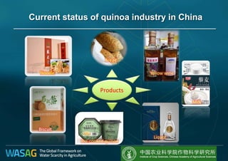 Current status of quinoa industry in China
Biscuit
Milk
Liquor
Bread
Pre-cooked quinoa
Products
Noodle Yellow wine
 