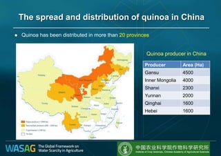 The spread and distribution of quinoa in China
 Quinoa has been distributed in more than 20 provinces
Producer Area (Ha)
Gansu 4500
Inner Mongolia 4000
Shanxi 2300
Yunnan 2000
Qinghai 1600
Hebei 1600
Quinoa producer in China
 