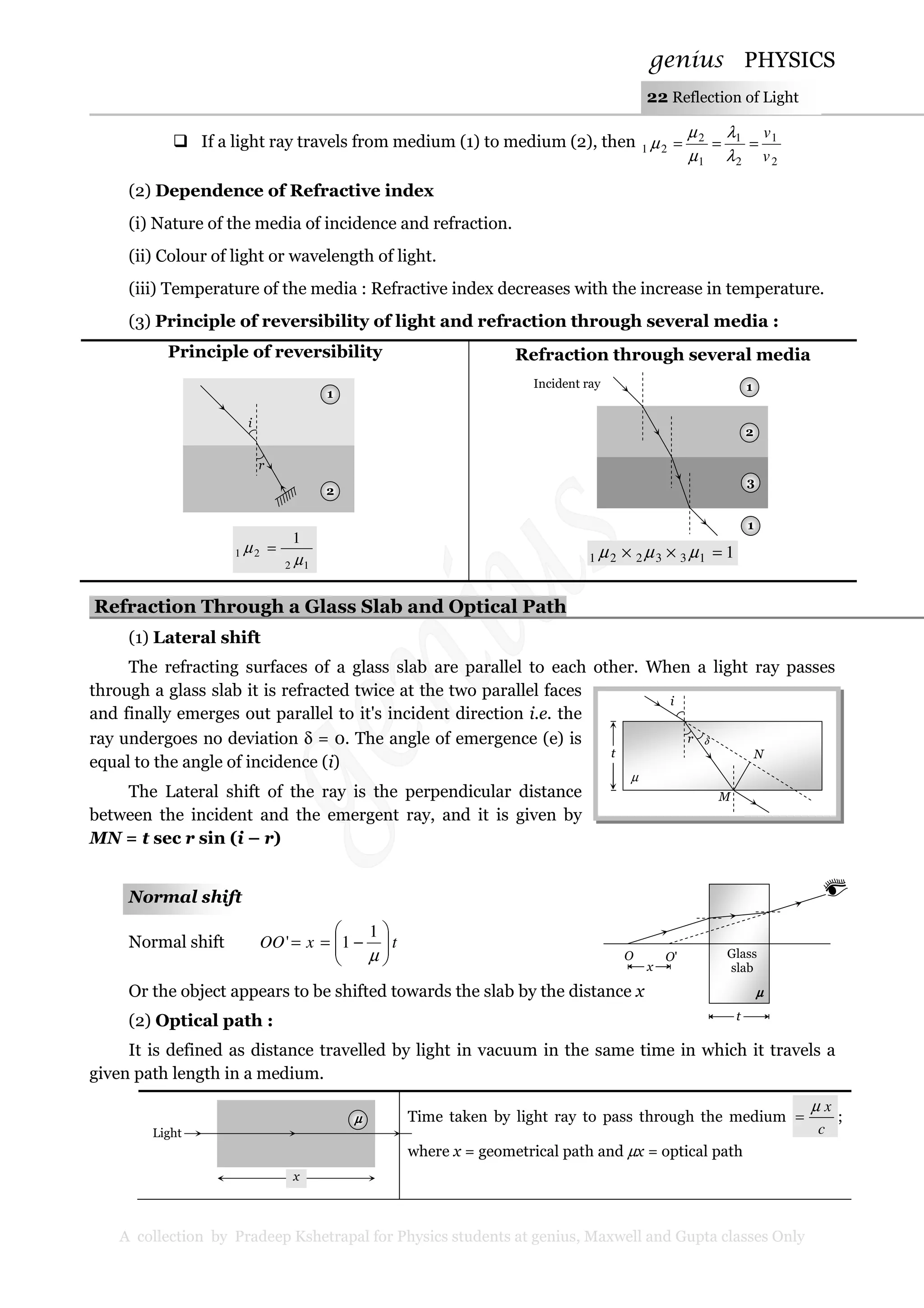 genius PHYSICS
A collection by Pradeep Kshetrapal for Physics students at genius, Maxwell and Gupta classes Only
22 Reflection of Light
If a light ray travels from medium (1) to medium (2), then
2
1
2
1
1
2
21
v
v
===
λ
λ
µ
µ
µ
(2) Dependence of Refractive index
(i) Nature of the media of incidence and refraction.
(ii) Colour of light or wavelength of light.
(iii) Temperature of the media : Refractive index decreases with the increase in temperature.
(3) Principle of reversibility of light and refraction through several media :
Principle of reversibility
12
21
1
µ
µ =
Refraction through several media
1133221 =×× µµµ
Refraction Through a Glass Slab and Optical Path
(1) Lateral shift
The refracting surfaces of a glass slab are parallel to each other. When a light ray passes
through a glass slab it is refracted twice at the two parallel faces
and finally emerges out parallel to it's incident direction i.e. the
ray undergoes no deviation δ = 0. The angle of emergence (e) is
equal to the angle of incidence (i)
The Lateral shift of the ray is the perpendicular distance
between the incident and the emergent ray, and it is given by
MN = t sec r sin (i – r)
Normal shift
Normal shift txOO 





−==
µ
1
1'
Or the object appears to be shifted towards the slab by the distance x
(2) Optical path :
It is defined as distance travelled by light in vacuum in the same time in which it travels a
given path length in a medium.
Time taken by light ray to pass through the medium
c
xµ
= ;
where x = geometrical path and µx = optical path
µµµµ
Light
x
Incident ray 1
2
3
1
i
r
µ
r δ
N
M
t
1
2
r
i
O O'
µµµµ
t
Glass
slabx
 