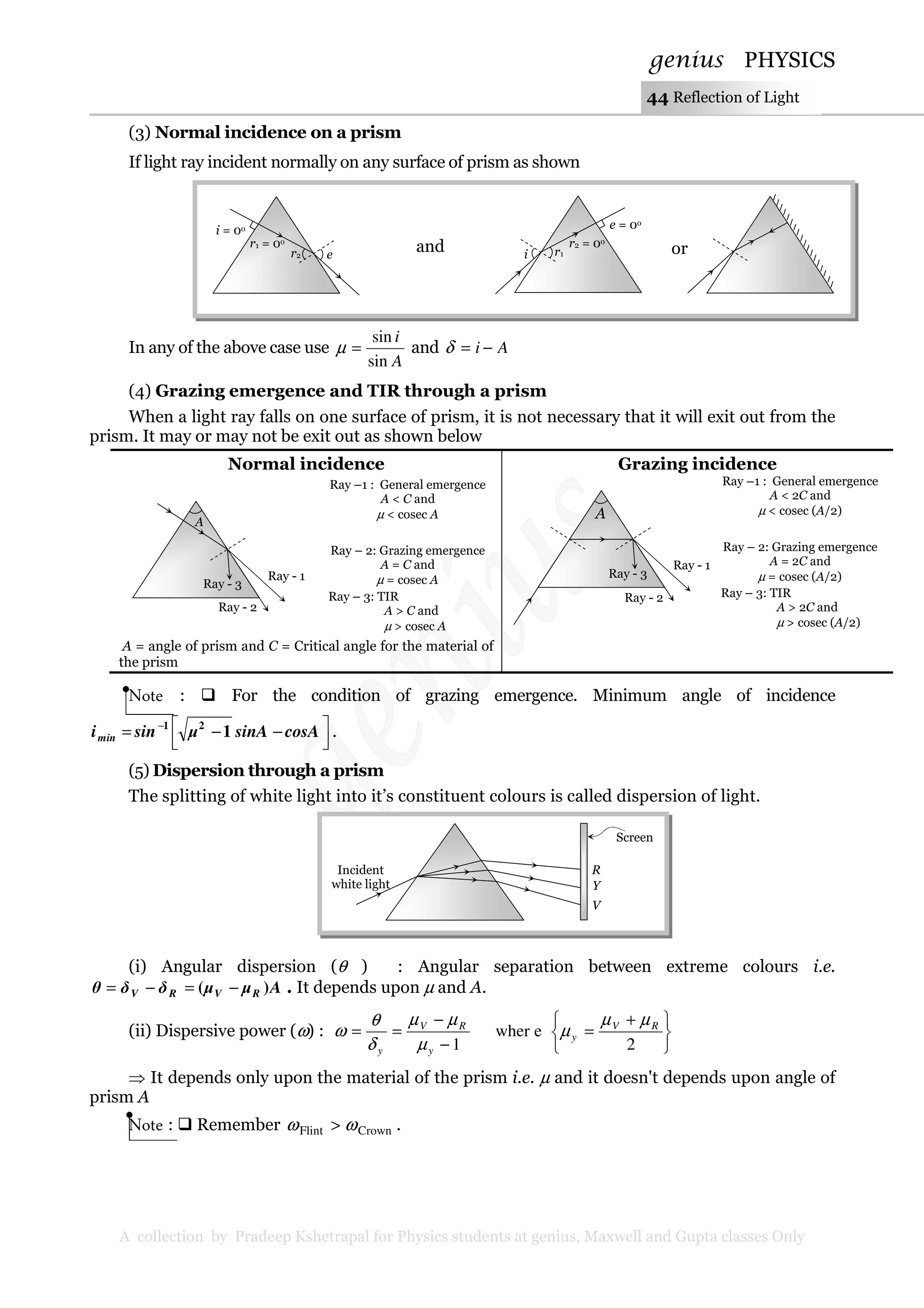 genius PHYSICS
A collection by Pradeep Kshetrapal for Physics students at genius, Maxwell and Gupta classes Only
44 Reflection of Light
(3) Normal incidence on a prism
If light ray incident normally on any surface of prism as shown
In any of the above case use
A
i
sin
sin
=µ and Ai −=δ
(4) Grazing emergence and TIR through a prism
When a light ray falls on one surface of prism, it is not necessary that it will exit out from the
prism. It may or may not be exit out as shown below
Normal incidence
A = angle of prism and C = Critical angle for the material of
the prism
Grazing incidence
Note : For the condition of grazing emergence. Minimum angle of incidence



 −−= −
cosAsinAµsinimin 121
.
(5) Dispersion through a prism
The splitting of white light into it’s constituent colours is called dispersion of light.
(i) Angular dispersion (θ ) : Angular separation between extreme colours i.e.
Aµµδδθ RVRV )( −=−= . It depends upon µ and A.
(ii) Dispersive power (ω) :





 +
=
−
−
==
2
ewher
1
RV
y
y
RV
y
µµ
µ
µ
µµ
δ
θ
ω
⇒ It depends only upon the material of the prism i.e. µ and it doesn't depends upon angle of
prism A
Note : Remember CrownFlint ωω > .
er2
i = 0o
r1 = 0o
i r1
e = 0o
r2 = 0o
orand
Ray – 3: TIR
A > C and
µ > cosec A
Ray – 2: Grazing emergence
A = C and
µ = cosec A
Ray –1 : General emergence
A < C and
µ < cosec A
Ray – 3: TIR
A > 2C and
µ > cosec (A/2)
Ray – 2: Grazing emergence
A = 2C and
µ = cosec (A/2)
Ray –1 : General emergence
A < 2C and
µ < cosec (A/2)
Ray - 1
Ray - 2
Ray - 3
A
Ray - 1
Ray - 2
Ray - 3
A
V
Y
R
Screen
Incident
white light
 