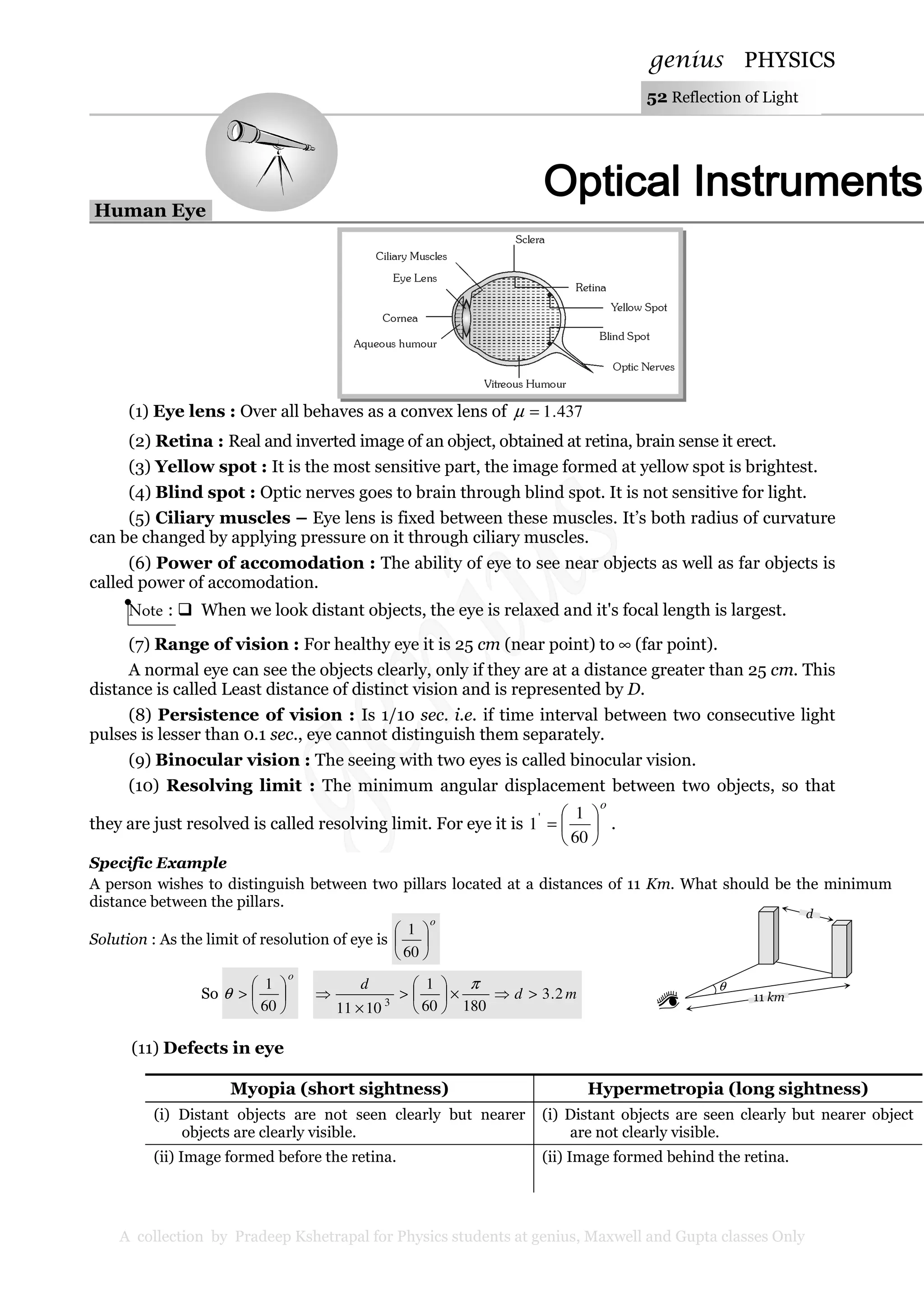 genius PHYSICS
A collection by Pradeep Kshetrapal for Physics students at genius, Maxwell and Gupta classes Only
52 Reflection of Light
Human Eye.
(1) Eye lens : Over all behaves as a convex lens of 437.1=µ
(2) Retina : Real and inverted image of an object, obtained at retina, brain sense it erect.
(3) Yellow spot : It is the most sensitive part, the image formed at yellow spot is brightest.
(4) Blind spot : Optic nerves goes to brain through blind spot. It is not sensitive for light.
(5) Ciliary muscles – Eye lens is fixed between these muscles. It’s both radius of curvature
can be changed by applying pressure on it through ciliary muscles.
(6) Power of accomodation : The ability of eye to see near objects as well as far objects is
called power of accomodation.
Note : When we look distant objects, the eye is relaxed and it's focal length is largest.
(7) Range of vision : For healthy eye it is 25 cm (near point) to ∞ (far point).
A normal eye can see the objects clearly, only if they are at a distance greater than 25 cm. This
distance is called Least distance of distinct vision and is represented by D.
(8) Persistence of vision : Is 1/10 sec. i.e. if time interval between two consecutive light
pulses is lesser than 0.1 sec., eye cannot distinguish them separately.
(9) Binocular vision : The seeing with two eyes is called binocular vision.
(10) Resolving limit : The minimum angular displacement between two objects, so that
they are just resolved is called resolving limit. For eye it is
o






=
60
1
1'
.
Specific Example
A person wishes to distinguish between two pillars located at a distances of 11 Km. What should be the minimum
distance between the pillars.
Solution : As the limit of resolution of eye is
o






60
1
So
o






>
60
1
θ md
d
2.3
18060
1
1011 3
>⇒×





>
×
⇒
π
(11) Defects in eye
Myopia (short sightness) Hypermetropia (long sightness)
(i) Distant objects are not seen clearly but nearer
objects are clearly visible.
(i) Distant objects are seen clearly but nearer object
are not clearly visible.
(ii) Image formed before the retina. (ii) Image formed behind the retina.
d
11 km
θ
 